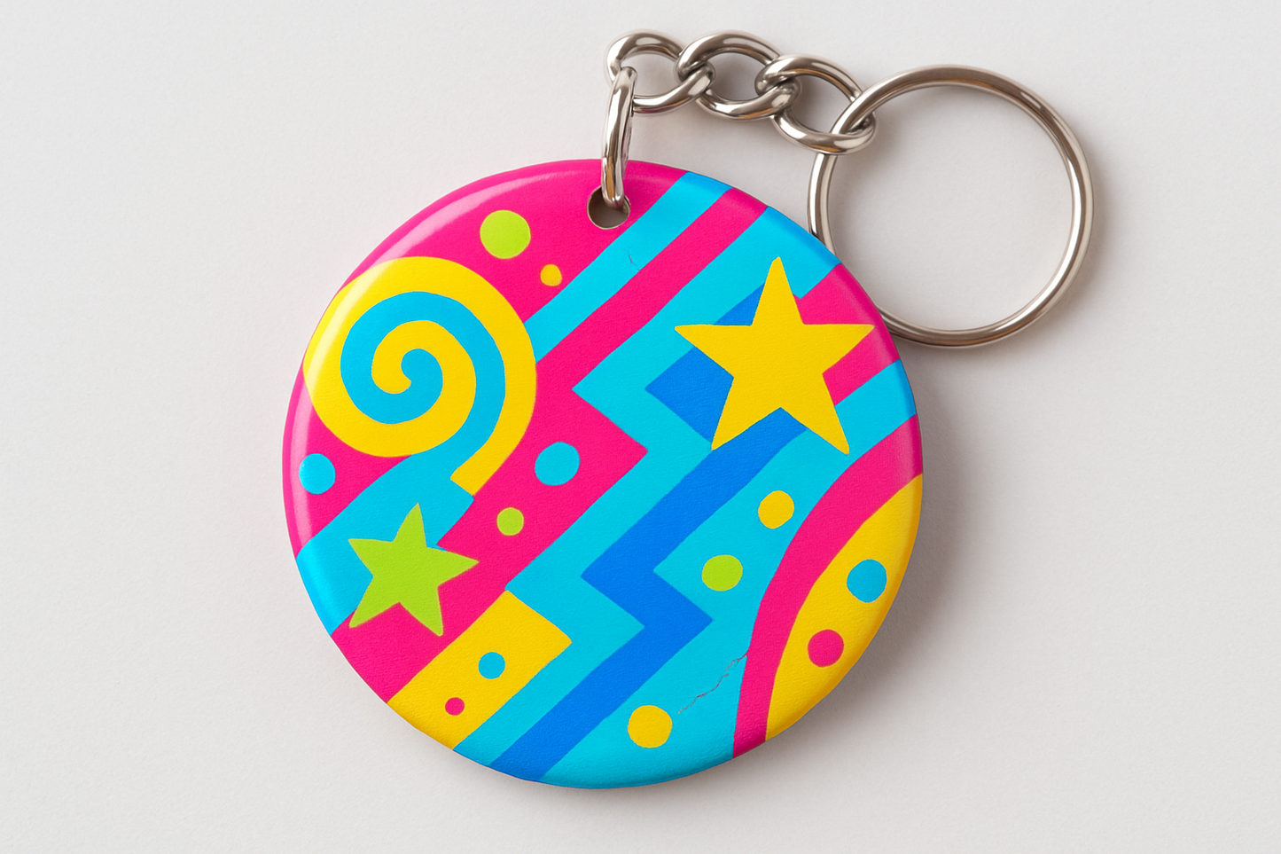 2.25 button keychain with a bright and fun design