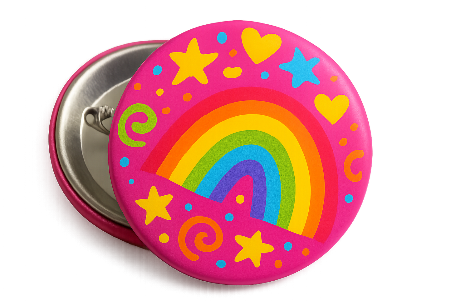 circle pin back button with a fun and bright and colorful design on it