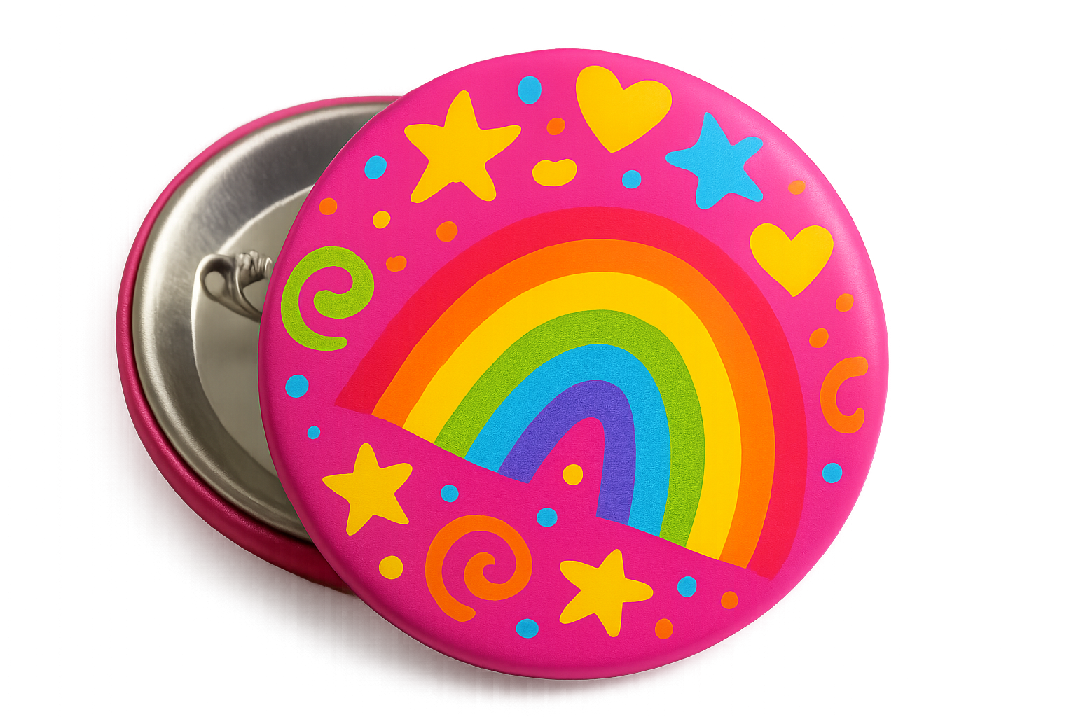 circle pin back button with a fun and bright and colorful design on it