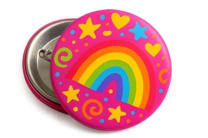 circle pin back button with a fun and bright and colorful design on it